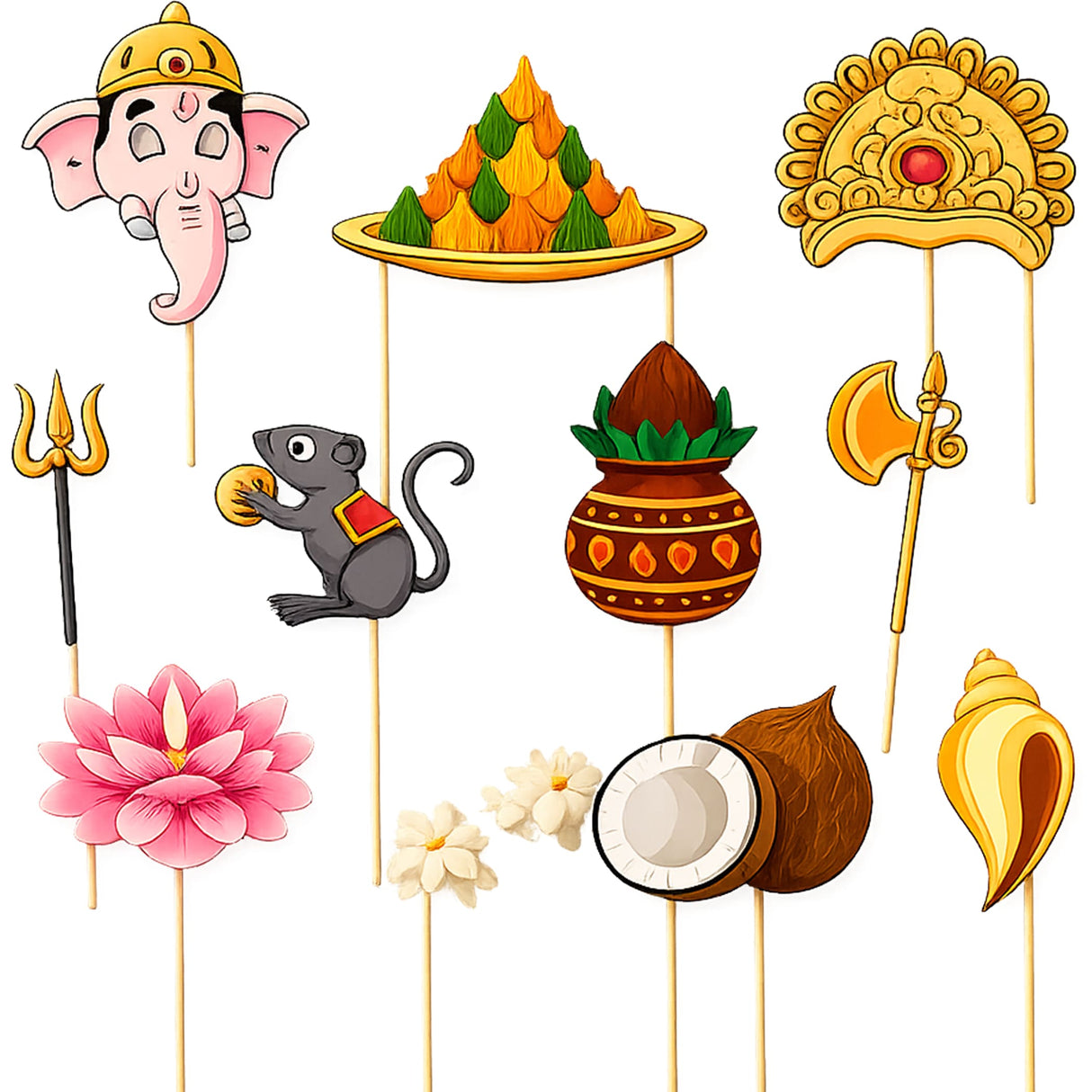Golden ornate crown photo booth prop with red gemstone centerpiece for ganesh chaturthi festival decoration kit