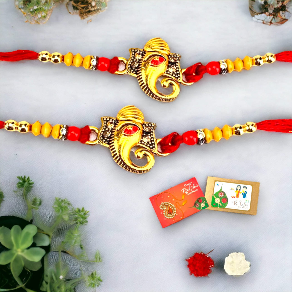 2CT Ganesh Designer Hamper Rakhi for Brother, Bhai and Bhabhi, Raksha Bandhan Memorial Red Thread Bracelet for Indian - LoveNspire
