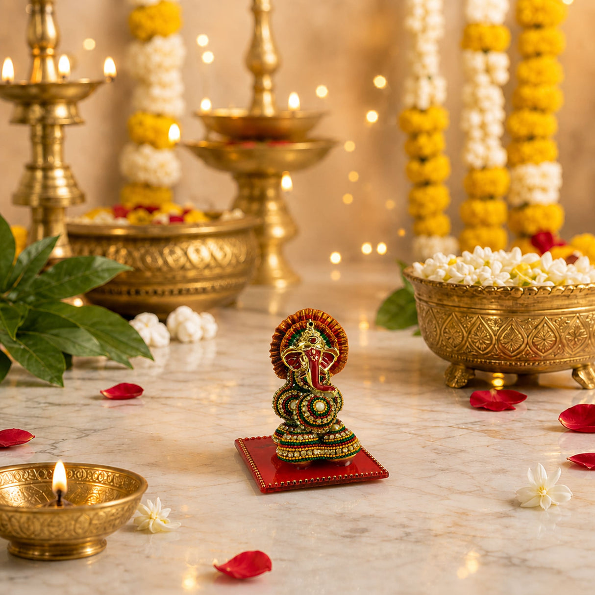 A small ornate golden ganesh designer supari with red and green embellishments on a red base for pooja and weddings