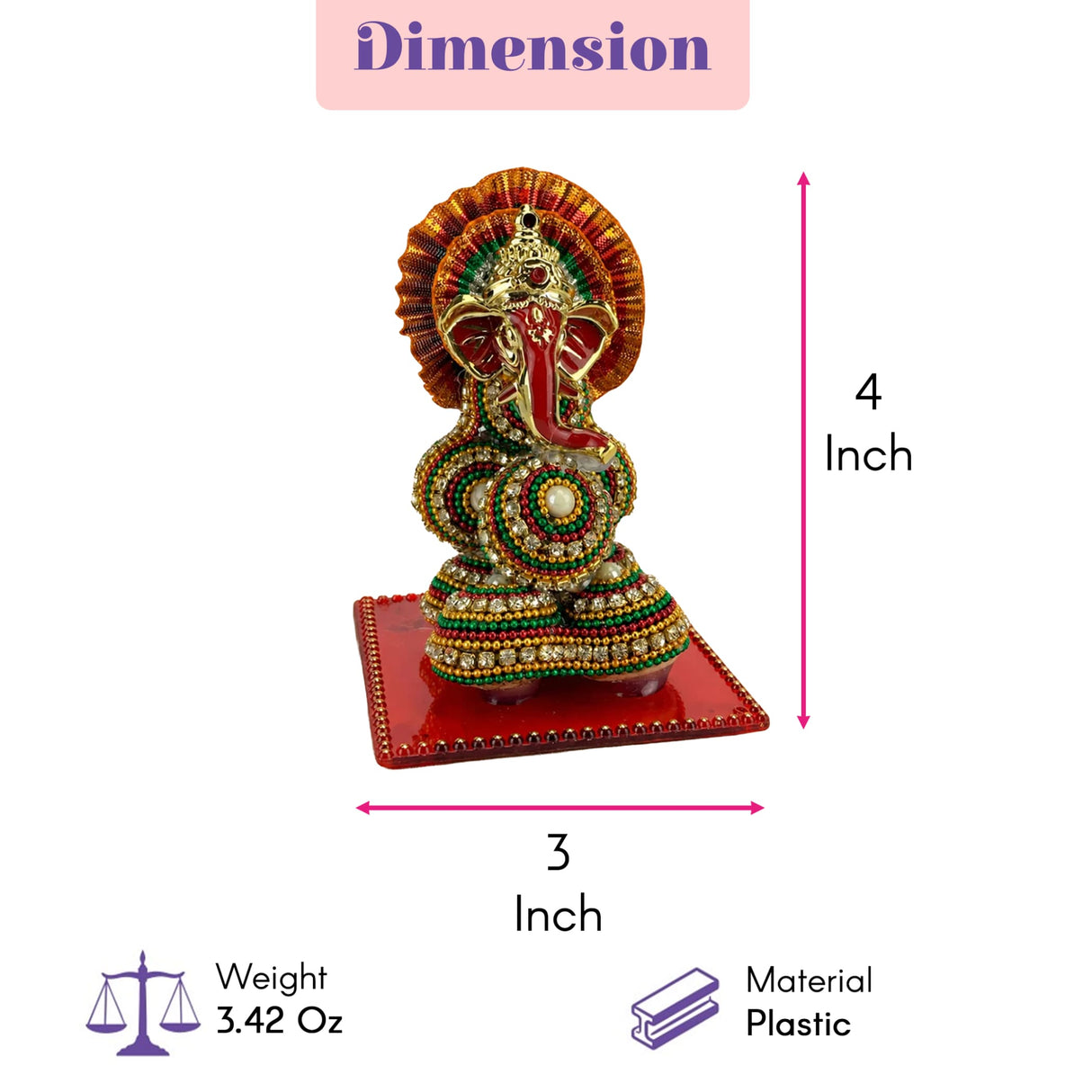 A 4-inch tall plastic ganesh designer supari intricately beaded with a red trunk and golden headpiece for pooja