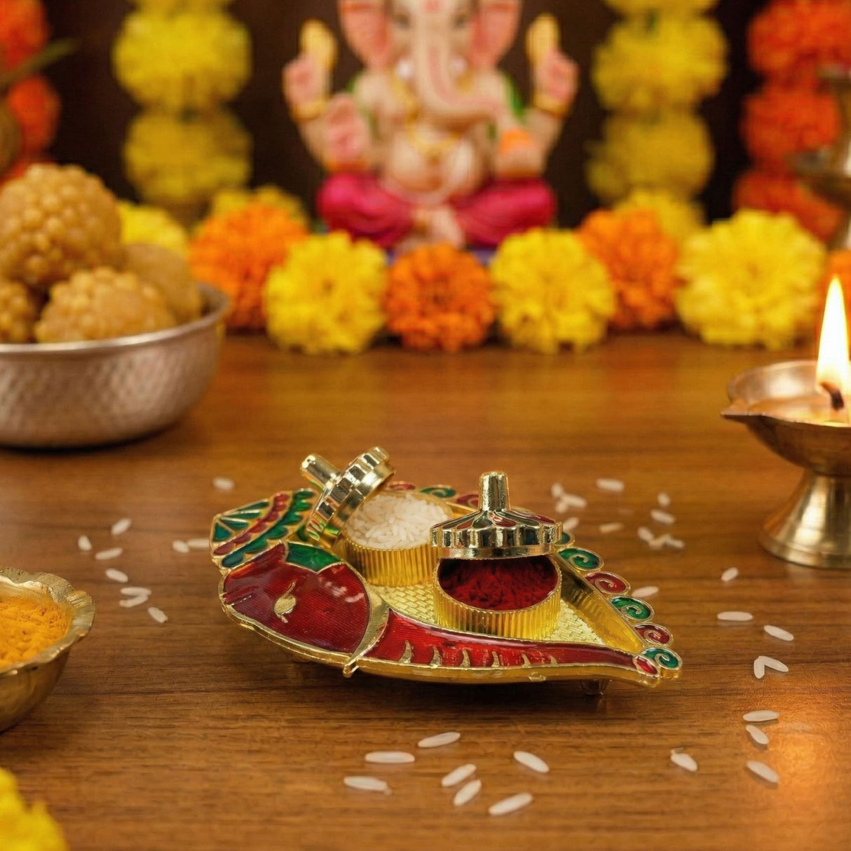 A vibrant gold-toned and red enamel diya tray with intricate green accents for Ganesh Shankh Haldi Kumkum holder