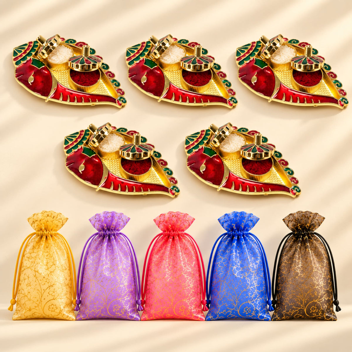 Decorative ganesh shankh haldi kumkum holder in red and gold with intricate green peacock design for pooja and gifts