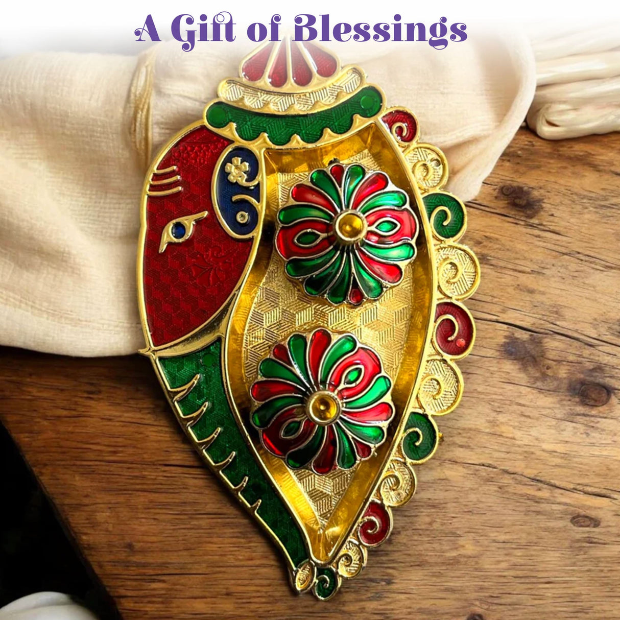 Bulk ganesh shankh haldi kumkum holder gold enamel elephant tray with red and green floral patterns for pooja rituals
