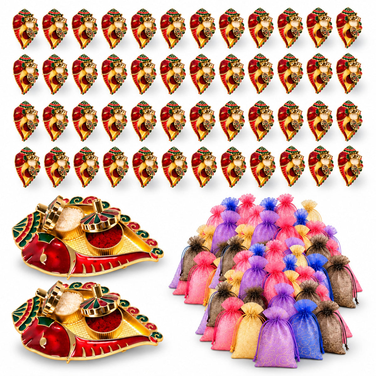 Red and gold ornate ganesha-shaped oil lamps with intricate detailing used as decorative kumkum holders for pooja thali