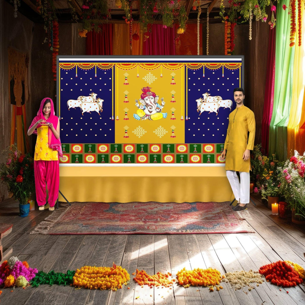 Ganesh with Cow Backdrop 5x8 Feet Indian Traditional Cloth Backdrop Ganesh Pooja Decor Indian Pooja Wall Decor Indian Wall Art Photo Decor Banner Decorative Pooja Cloth - LoveNspire