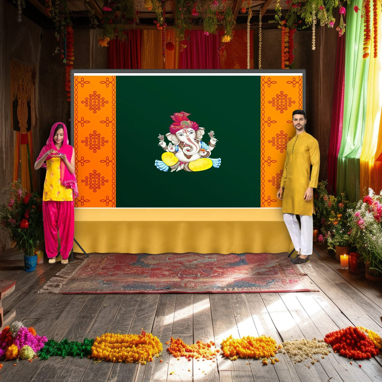 Ganesh with Kolam Design Backdrop 5x8 Feet Indian Traditional Cloth Ganesh Pooja Decor Indian Pooja Wall Decor Indian Wall Art Photo Decor Banner Decorative Pooja Cloth - LoveNspire