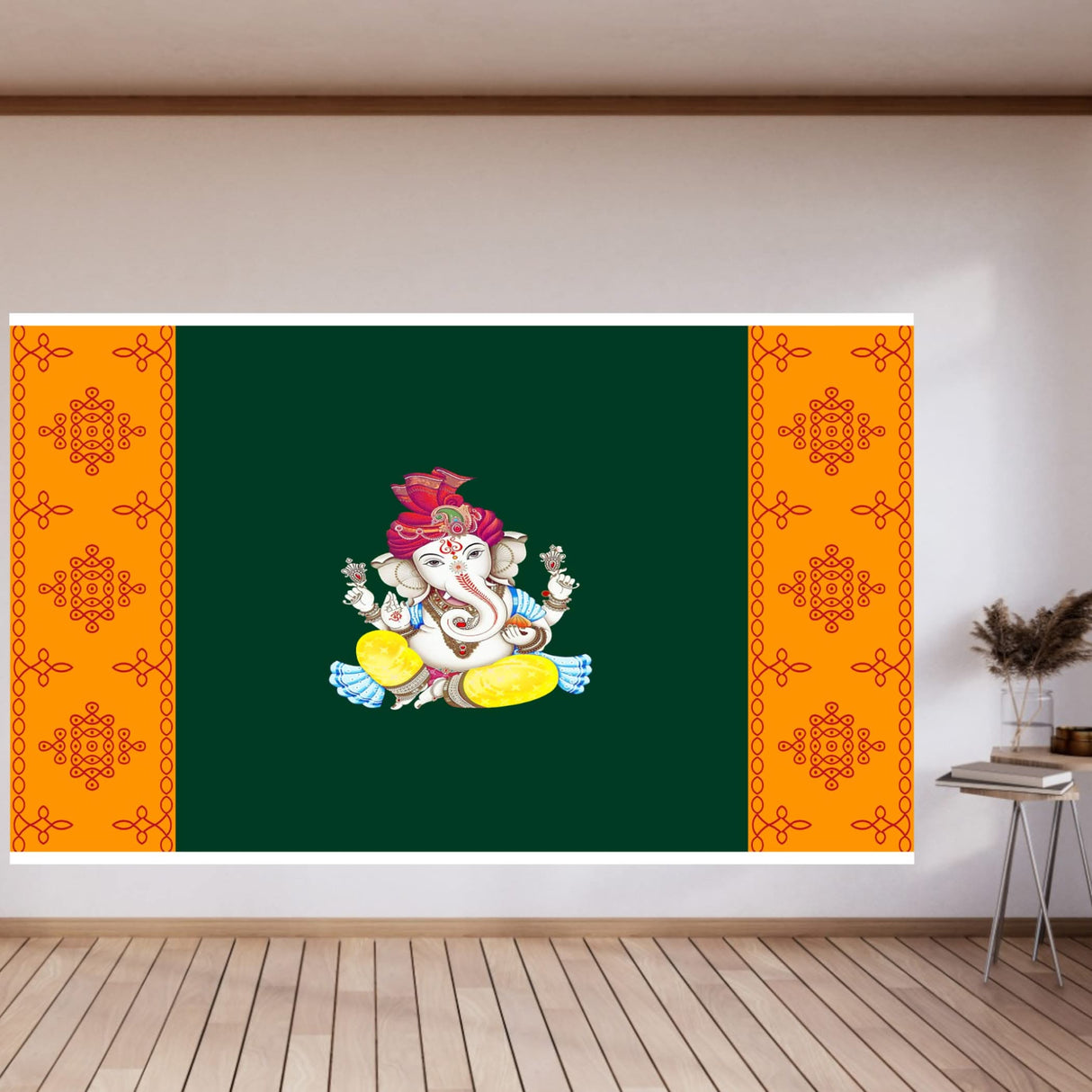 Ganesh with Kolam Design Backdrop 5x8 Feet Indian Traditional Cloth Ganesh Pooja Decor Indian Pooja Wall Decor Indian Wall Art Photo Decor Banner Decorative Pooja Cloth - LoveNspire