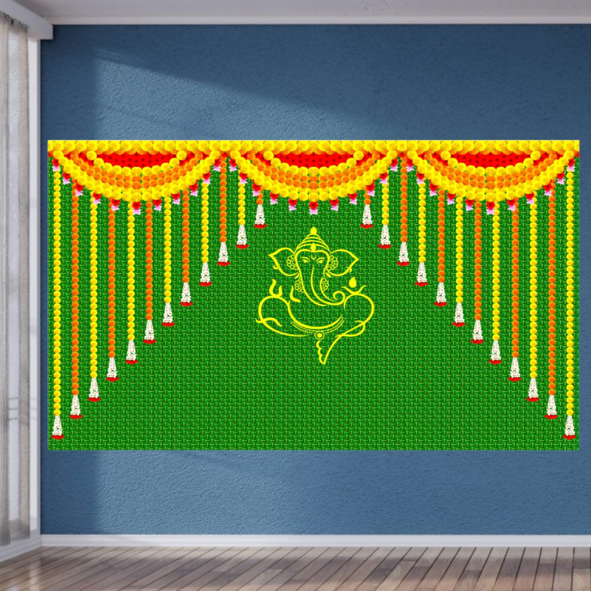 Ganesh with Marigold 5x8 Feet Backdrop Indian Traditional Cloth Ganesh Chaturthi Decor Indian Pooja Wall Decor Indian Wall Art Photo Decor Banner Decorative Pooja Cloth Wedding Favor - LoveNspire