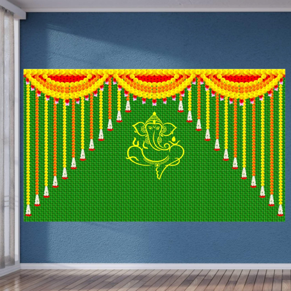 Ganesh with Marigold 5x8 Feet Backdrop Indian Traditional Cloth Ganesh Chaturthi Decor Indian Pooja Wall Decor Indian Wall Art Photo Decor Banner Decorative Pooja Cloth Wedding Favor - LoveNspire