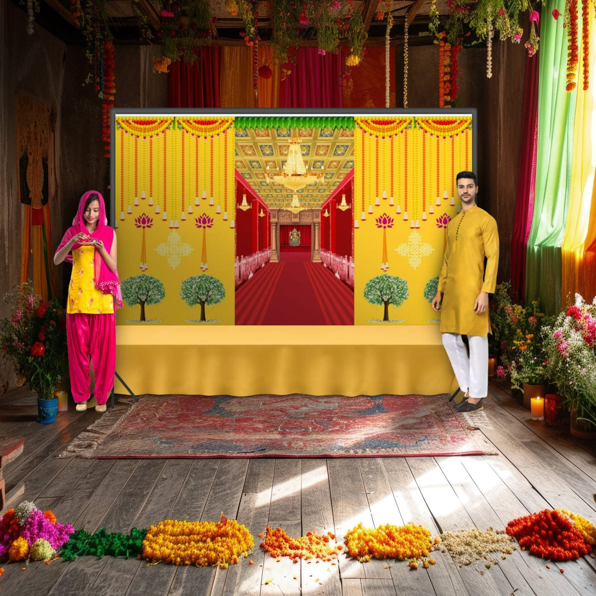 Ganesha Backdrop Indian Traditional Cloth 5x8 Feet Backdrop Pooja Banner Indian Wall Art Photo Decor Banner Diwali Decor Wedding Backdrop Decorative Pooja Cloth - LoveNspire