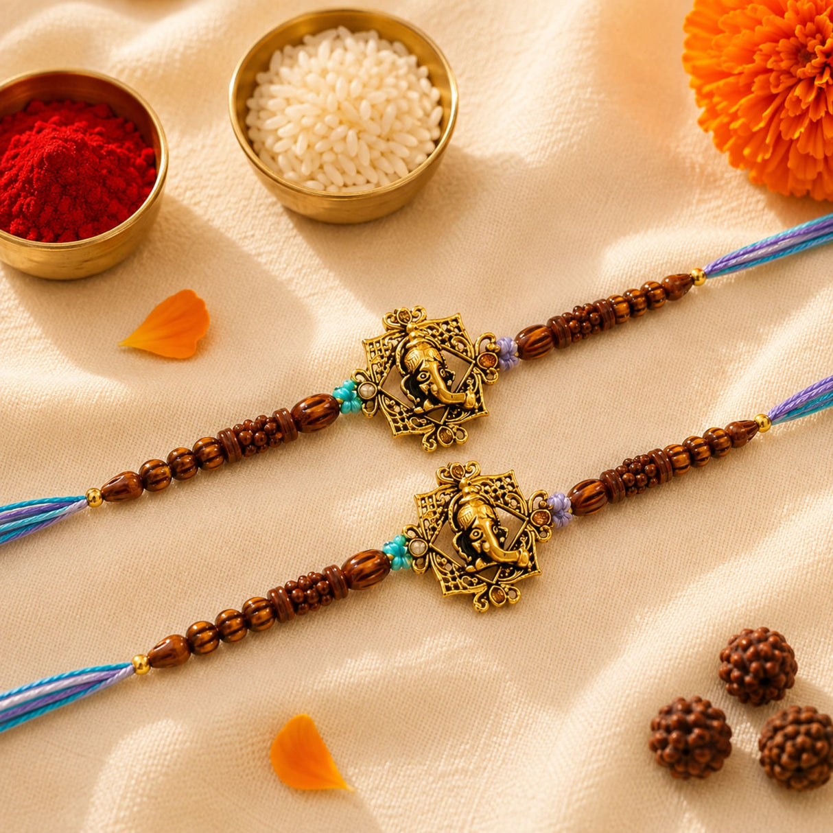 Designer ganesha rakhi featuring a golden elephant motif with wooden beads and blue tassels for raksha bandhan