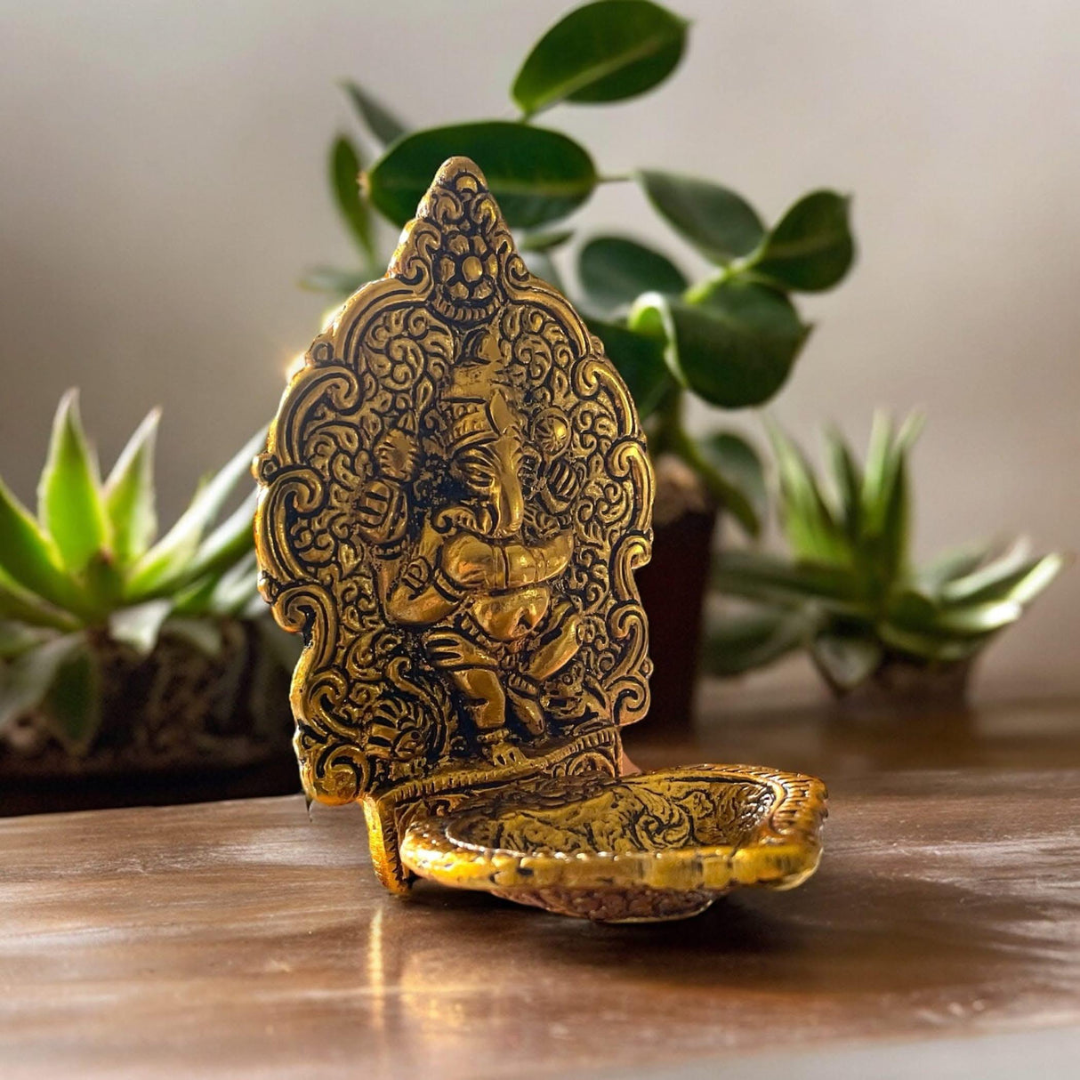 Ganesha Brass Finish Diya for Puja God Ganesh Idol Oil Lamp Deepam Akhand Jyot Kuber Deepak Diwali Home Decorations Mandir Temple Decor Vilakku Deepawali Housewarming Wedding Return Gifts - LoveNspire