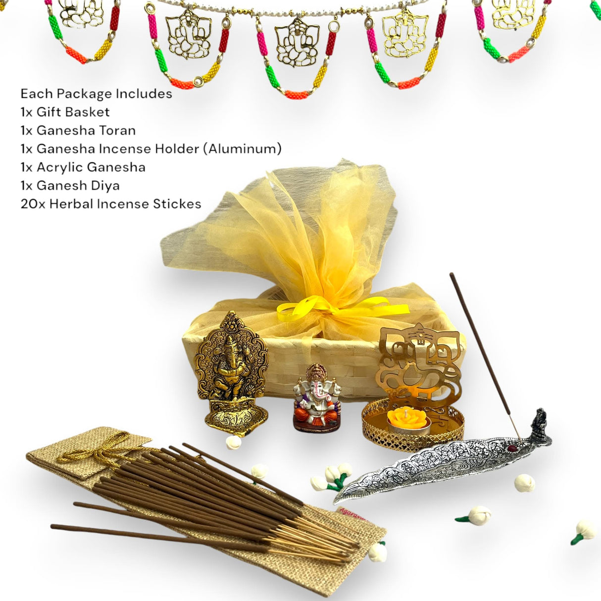 Ganesha Gift Hamper Hindu Religious Ganesh Chaturthi Diwali Puja Housewarming Sankranti Return Gifts - Gift Basket Door Toran Incense Holder & Stick Acrylic Ganesha Diya Candle Holder - LoveNspire