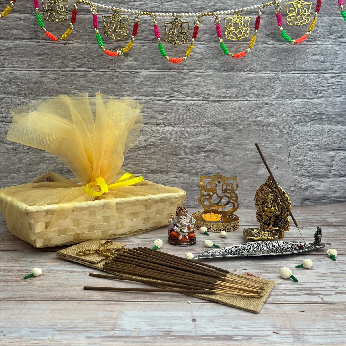 Ganesha Gift Hamper Hindu Religious Ganesh Chaturthi Diwali Puja Housewarming Sankranti Return Gifts - Gift Basket Door Toran Incense Holder & Stick Acrylic Ganesha Diya Candle Holder - LoveNspire