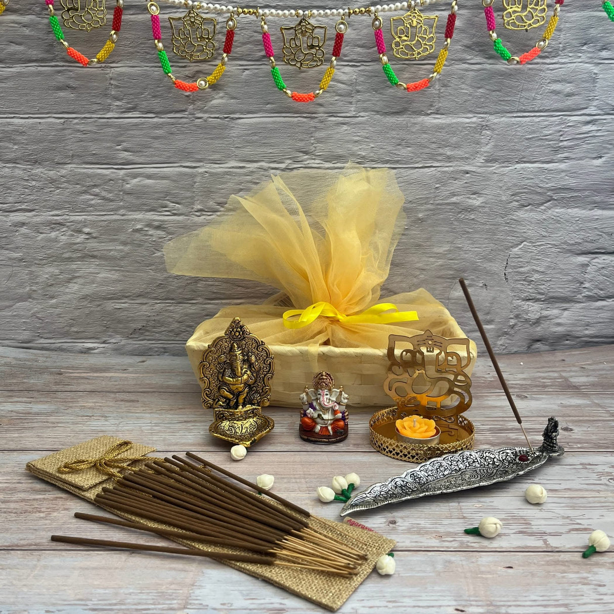 Ganesha Gift Hamper Hindu Religious Ganesh Chaturthi Diwali Puja Housewarming Sankranti Return Gifts - Gift Basket Door Toran Incense Holder & Stick Acrylic Ganesha Diya Candle Holder - LoveNspire
