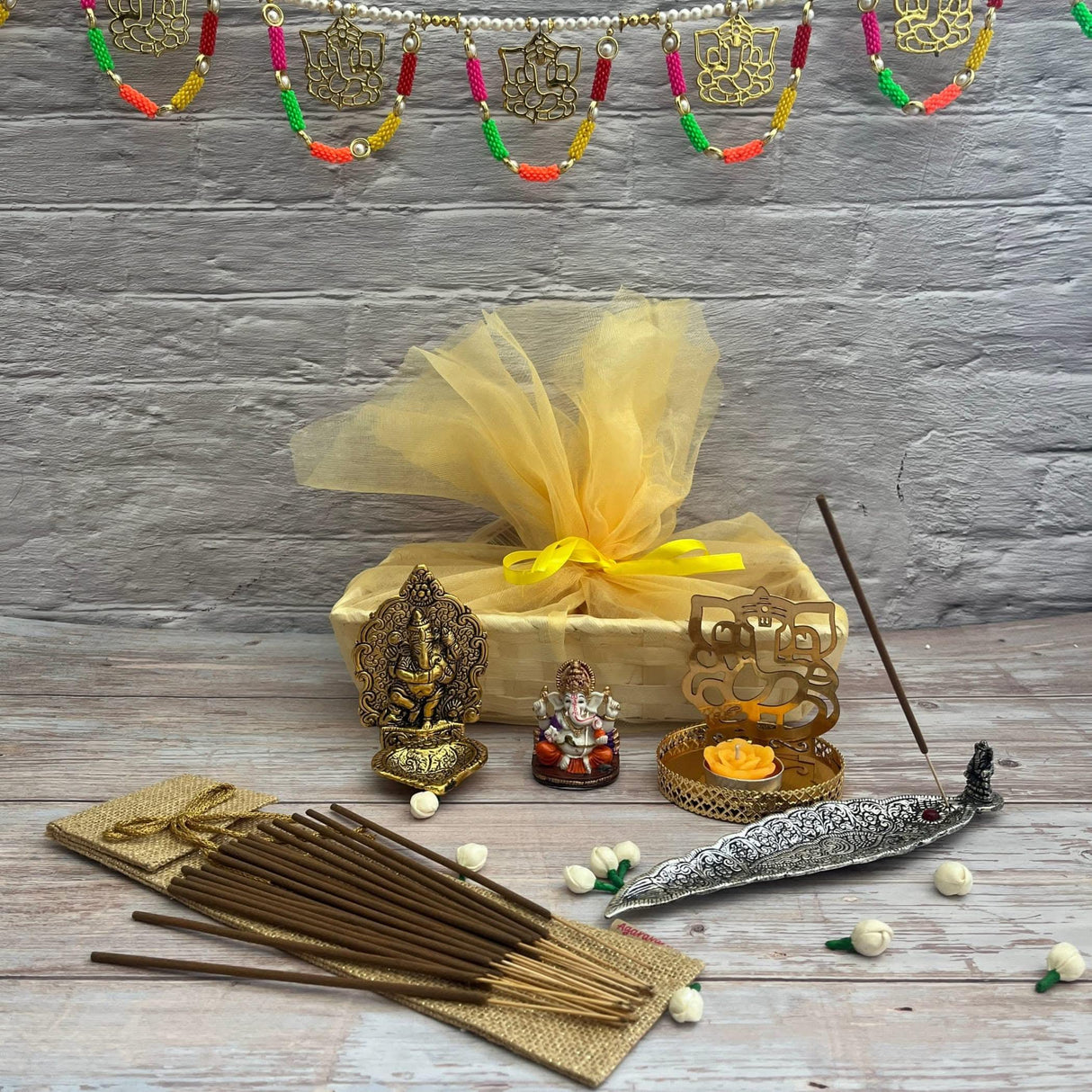 Ganesha Gift Hamper Hindu Religious Ganesh Chaturthi Diwali Puja Housewarming Sankranti Return Gifts - Gift Basket Door Toran Incense Holder & Stick Acrylic Ganesha Diya Candle Holder - LoveNspire