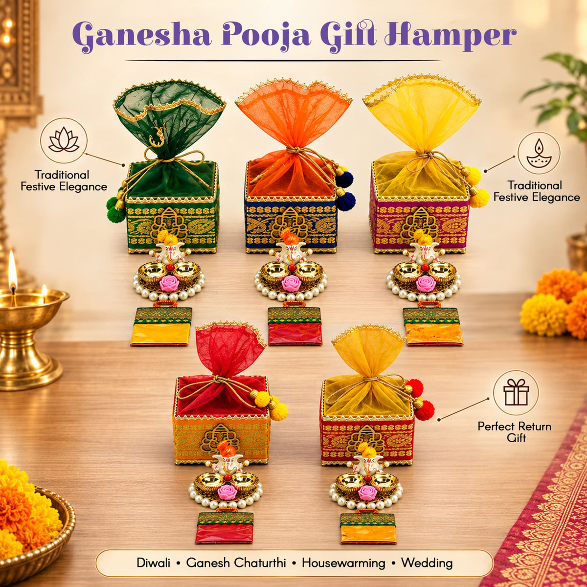 Ganesha pooja gift hampers in vibrant embroidered fabric boxes with organza drawstrings and decorative pom-poms for festive puja