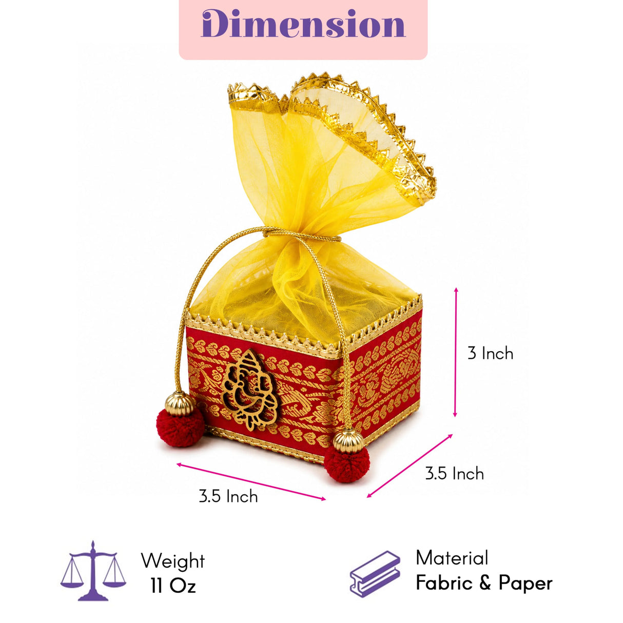 A vibrant red and gold decorative potli gift box with intricate golden embroidery and yellow organza drawstring for ganesha puja
