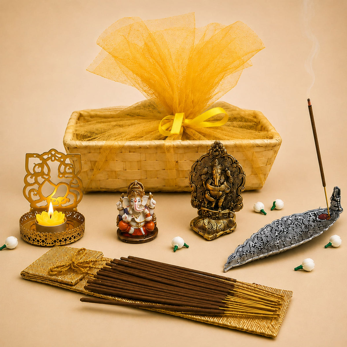 Golden ornate ganesha figurine with intricate carvings in seated posture for ganesh chaturthi diwali puja gift hamper