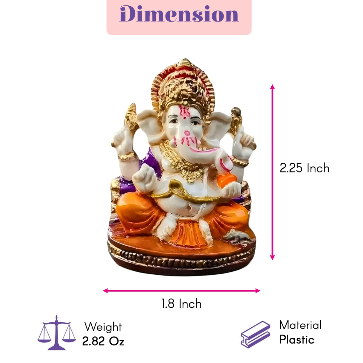 A detailed white plastic figurine of hindu deity ganesha with gold and purple accents in a gift hamper set