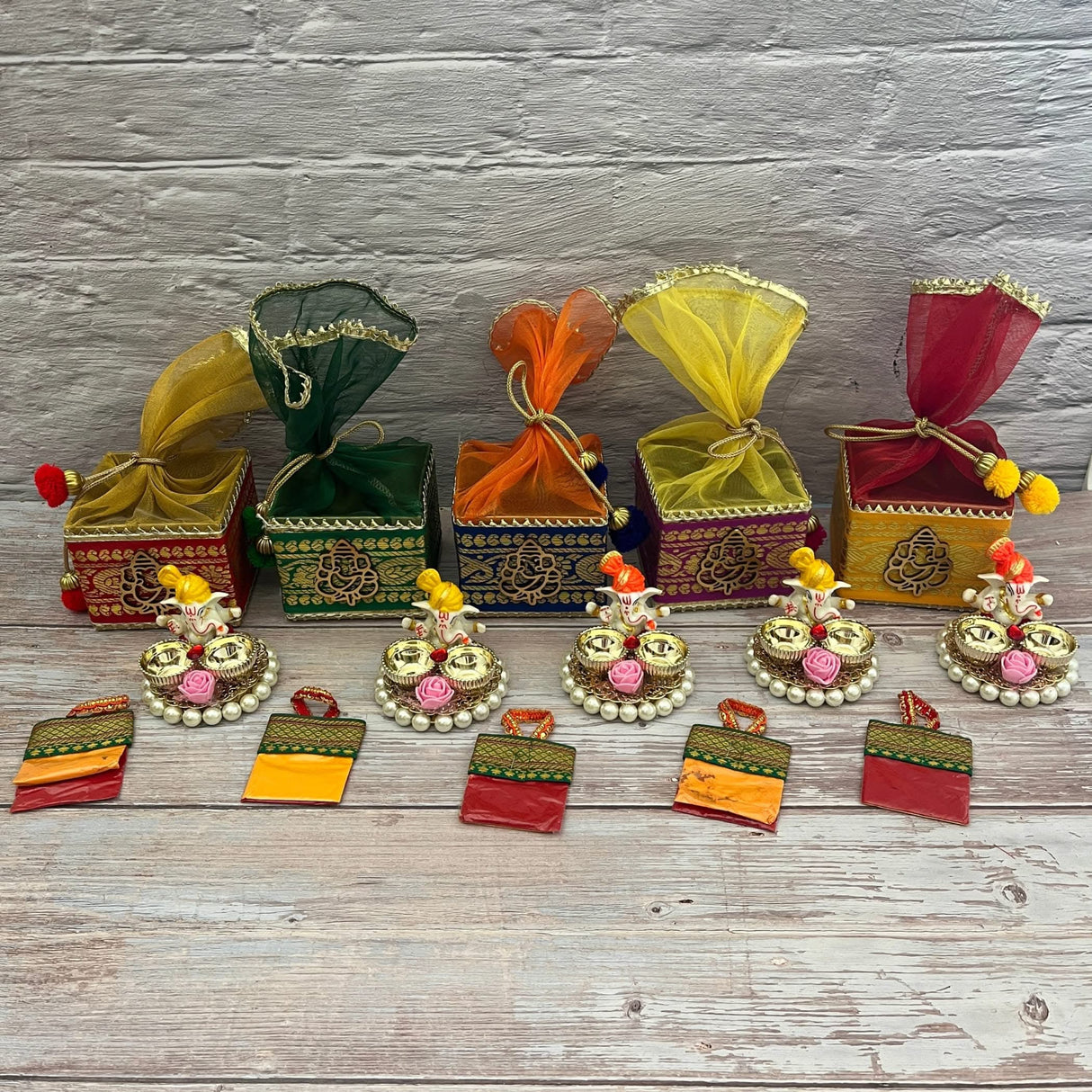 Ganesha Gift Hamper Hindu Religious Ganesh Chaturthi Diwali Puja Housewarming Teej Sankranti Return Gifts - Potli Basket Box Haldi Kumkum Packet & Ganesha Haldi Kumkum Holder - LoveNspire