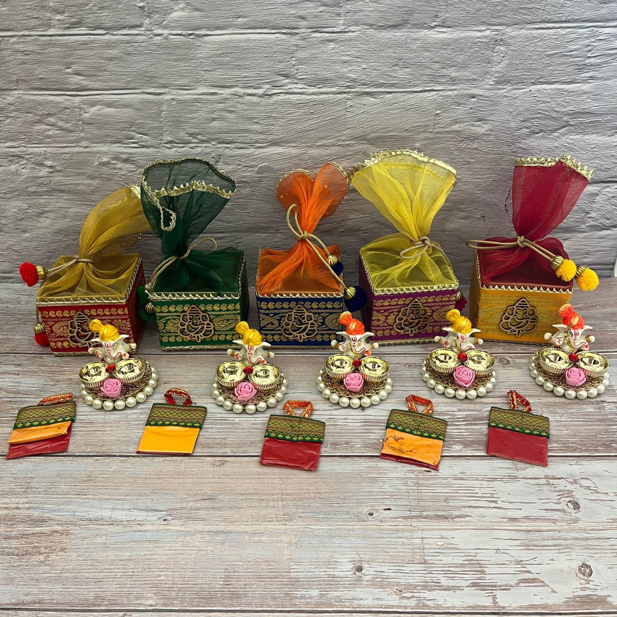 Ganesha Gift Hamper Hindu Religious Ganesh Chaturthi Diwali Puja Housewarming Teej Sankranti Return Gifts - Potli Basket Box Haldi Kumkum Packet & Ganesha Haldi Kumkum Holder - LoveNspire
