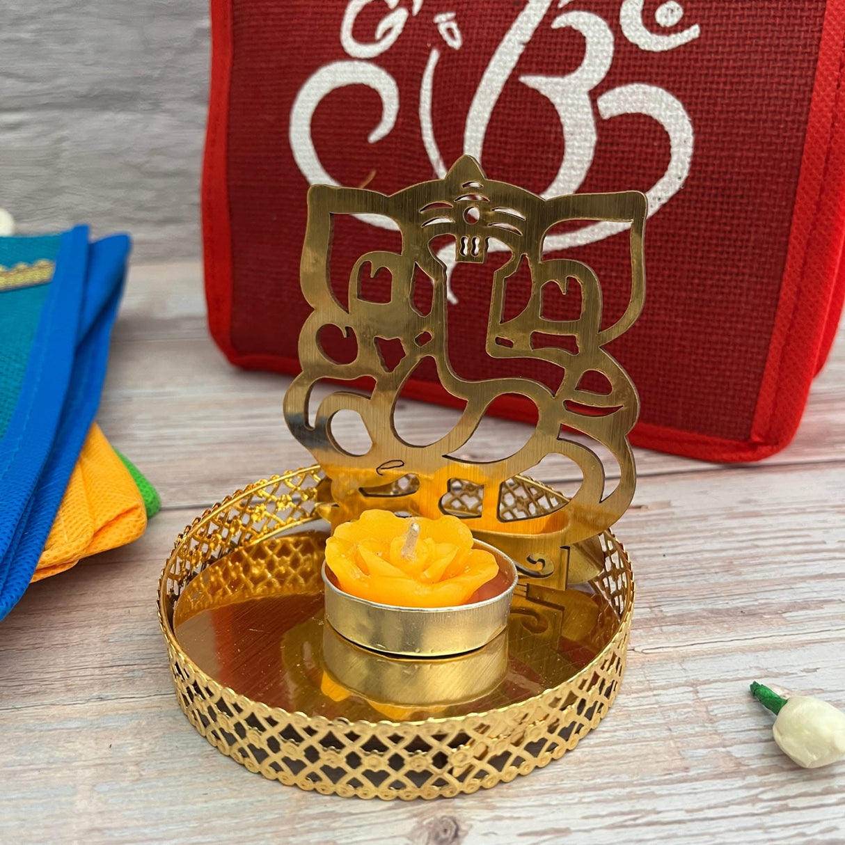 Ganesha Gift Hamper Hindu Religious Ganesh Chaturthi Diwali Teej Puja Housewarming Sankranti Return Gifts - Ganesha Jute Bag & Shadow Ganesha Candle Holder - LoveNspire