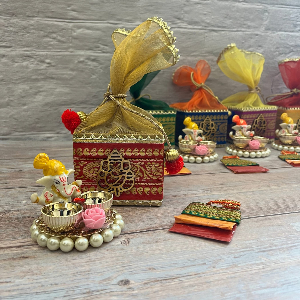Ganesha Gift Hamper Hindu Religious Ganesh Chaturthi Diwali Puja Housewarming Teej Sankranti Return Gifts - Potli Basket Box Haldi Kumkum Packet & Ganesha Haldi Kumkum Holder - LoveNspire