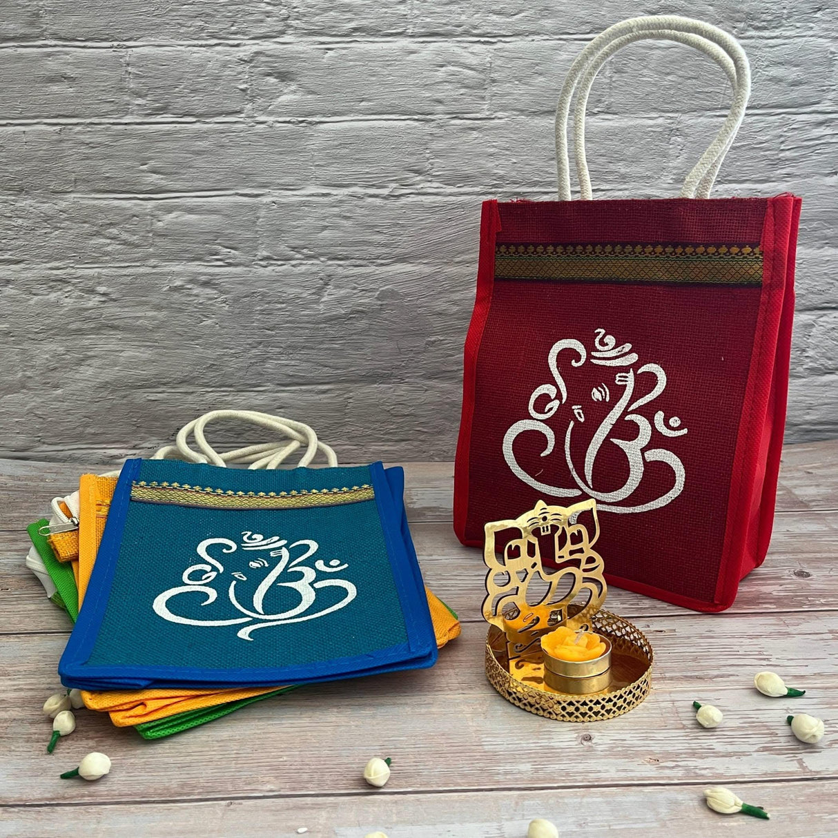 Ganesha Gift Hamper Hindu Religious Ganesh Chaturthi Diwali Teej Puja Housewarming Sankranti Return Gifts - Ganesha Jute Bag & Shadow Ganesha Candle Holder - LoveNspire