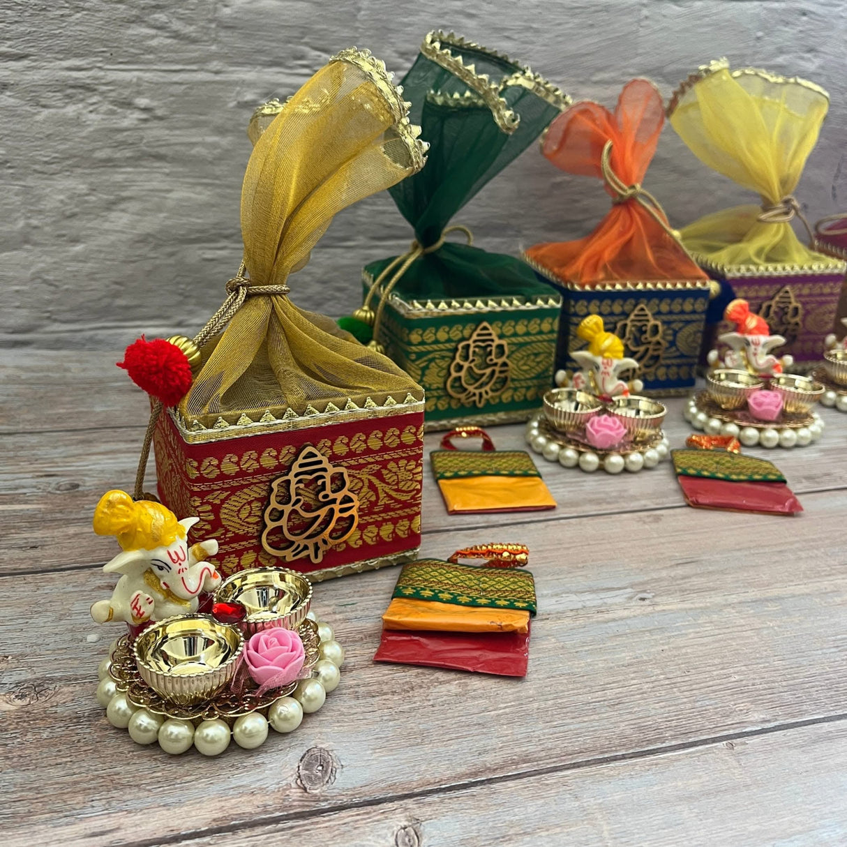 Ganesha Gift Hamper Hindu Religious Ganesh Chaturthi Diwali Puja Housewarming Teej Sankranti Return Gifts - Potli Basket Box Haldi Kumkum Packet & Ganesha Haldi Kumkum Holder - LoveNspire