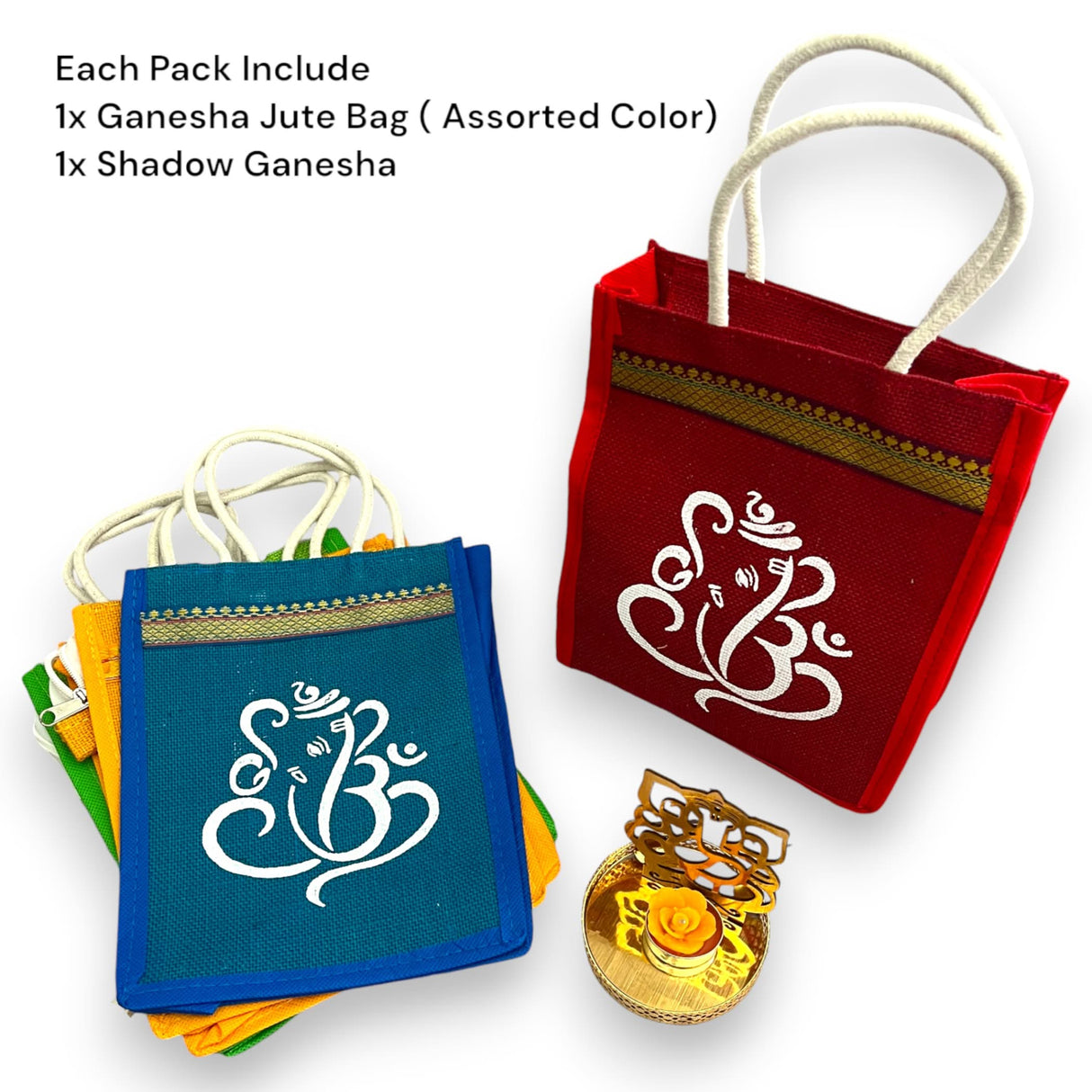 Ganesha Gift Hamper Hindu Religious Ganesh Chaturthi Diwali Teej Puja Housewarming Sankranti Return Gifts - Ganesha Jute Bag & Shadow Ganesha Candle Holder - LoveNspire