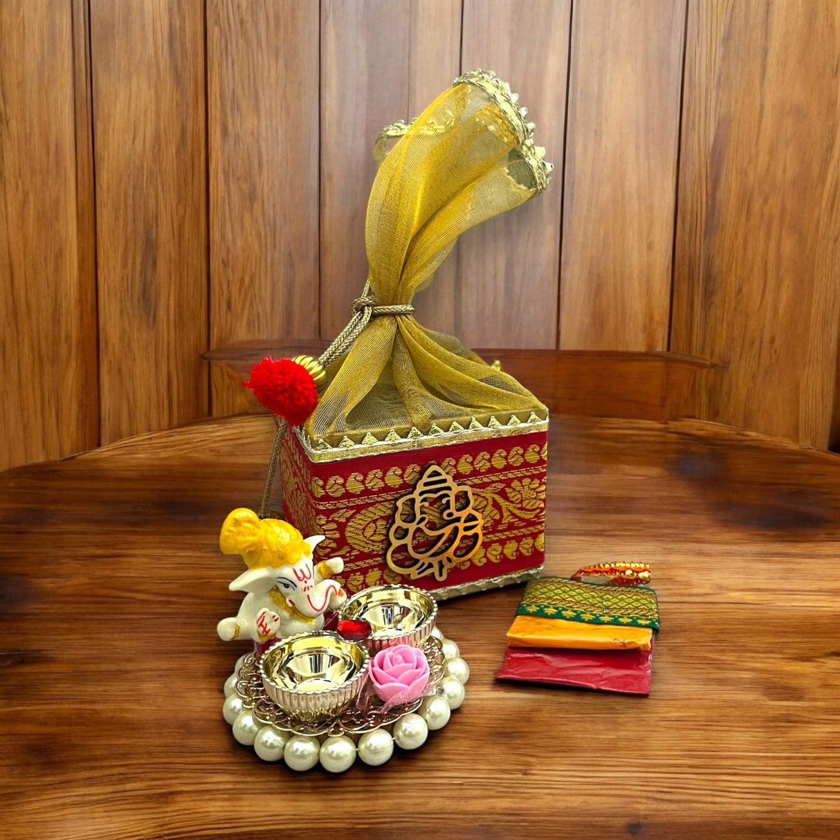 Ganesha Gift Hamper Hindu Religious Ganesh Chaturthi Diwali Puja Housewarming Teej Sankranti Return Gifts - Potli Basket Box Haldi Kumkum Packet & Ganesha Haldi Kumkum Holder - LoveNspire