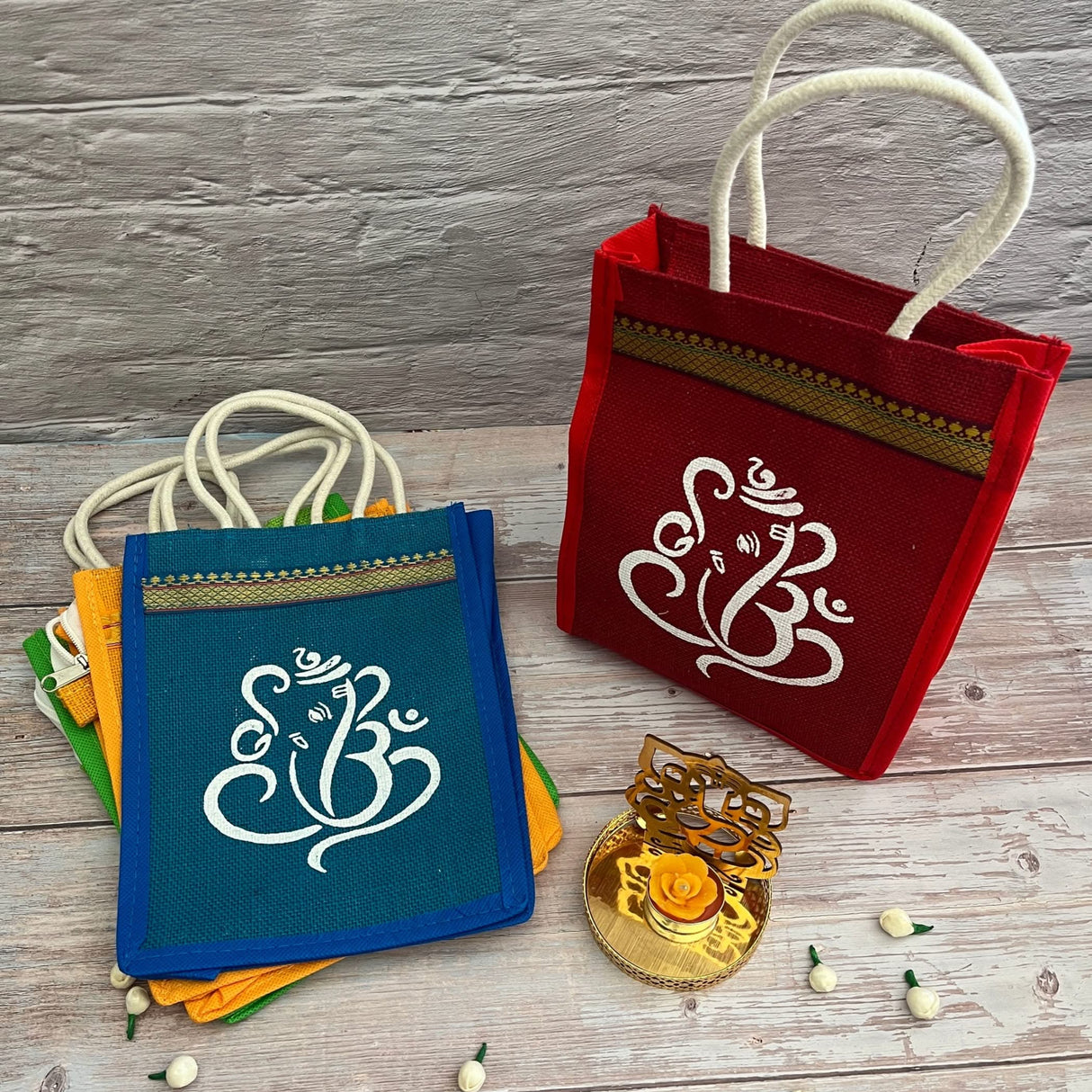 Ganesha Gift Hamper Hindu Religious Ganesh Chaturthi Diwali Teej Puja Housewarming Sankranti Return Gifts - Ganesha Jute Bag & Shadow Ganesha Candle Holder - LoveNspire