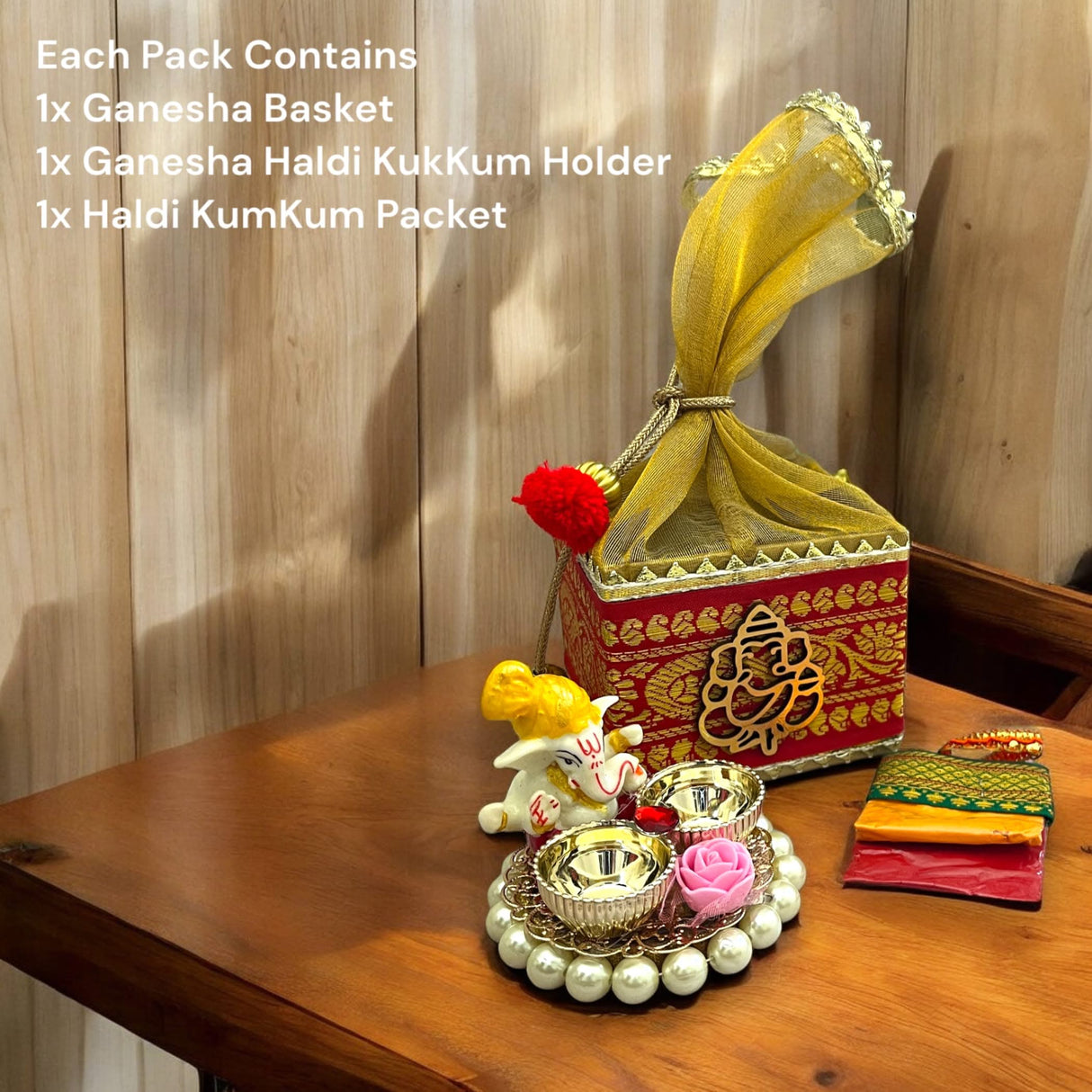 Ganesha Gift Hamper Hindu Religious Ganesh Chaturthi Diwali Puja Housewarming Teej Sankranti Return Gifts - Potli Basket Box Haldi Kumkum Packet & Ganesha Haldi Kumkum Holder - LoveNspire