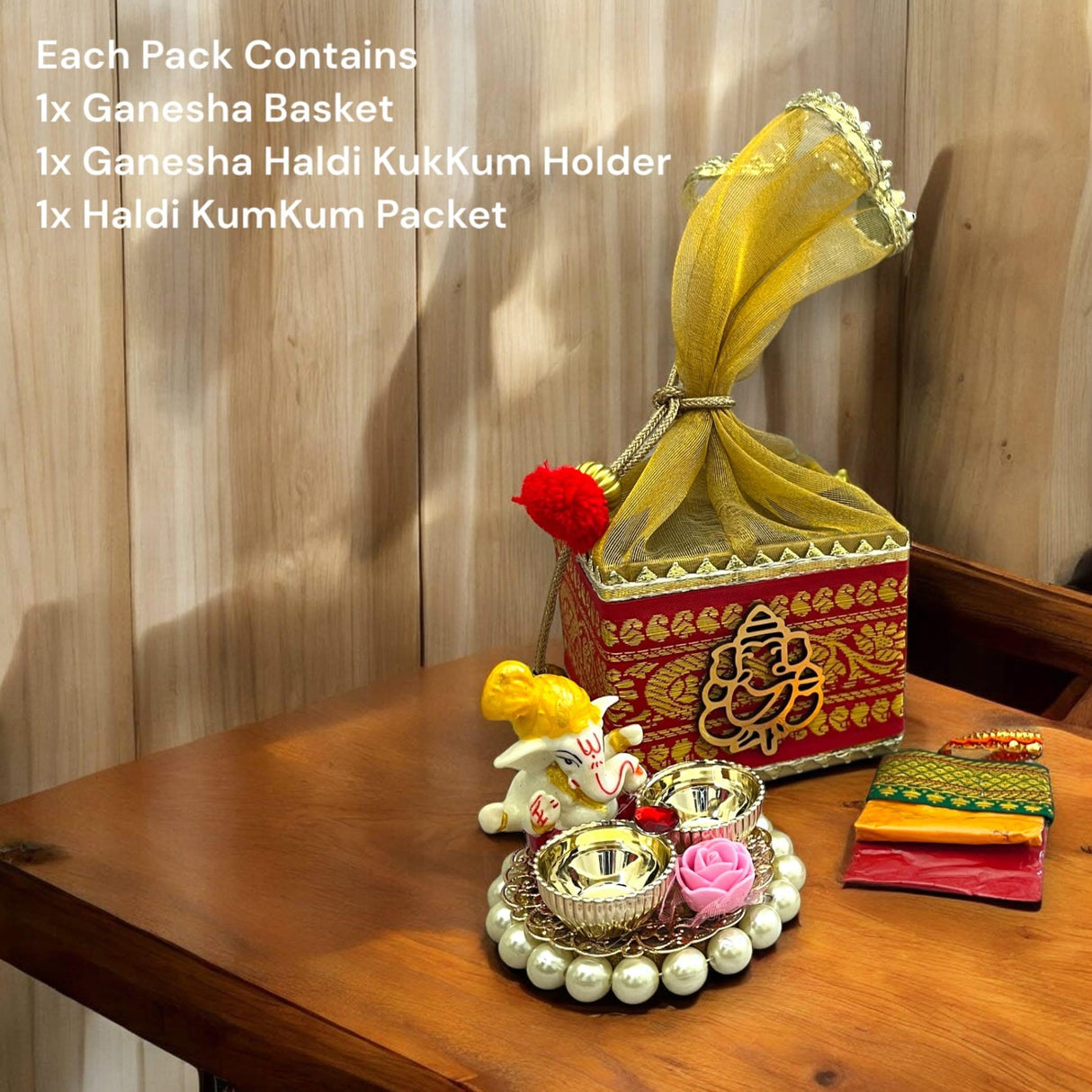 Ganesha Gift Hamper Hindu Religious Ganesh Chaturthi Diwali Puja Housewarming Teej Sankranti Return Gifts - Potli Basket Box Haldi Kumkum Packet & Ganesha Haldi Kumkum Holder - LoveNspire