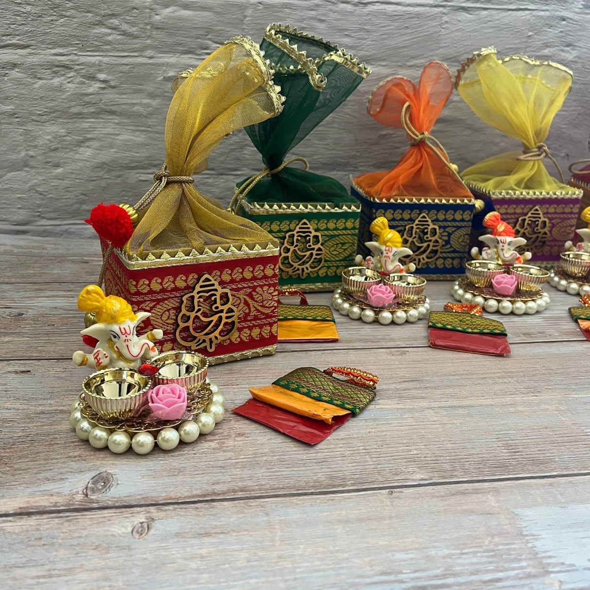 Ganesha Gift Hamper Hindu Religious Ganesh Chaturthi Diwali Puja Housewarming Teej Sankranti Return Gifts - Potli Basket Box Haldi Kumkum Packet & Ganesha Haldi Kumkum Holder - LoveNspire