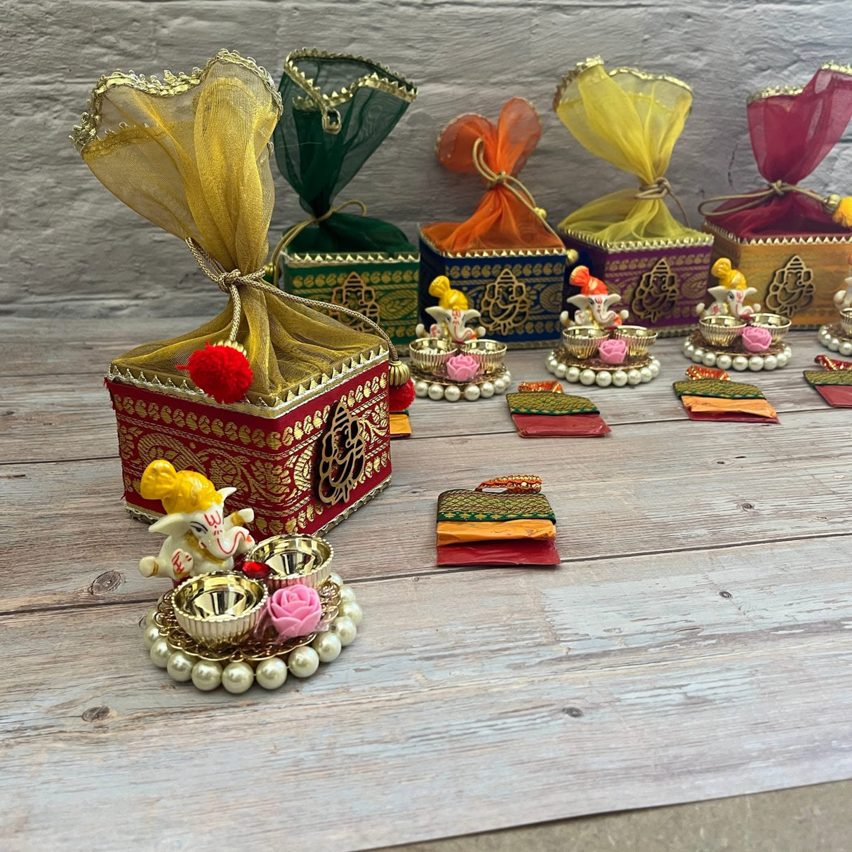 Ganesha Gift Hamper Hindu Religious Ganesh Chaturthi Diwali Puja Housewarming Teej Sankranti Return Gifts - Potli Basket Box Haldi Kumkum Packet & Ganesha Haldi Kumkum Holder - LoveNspire