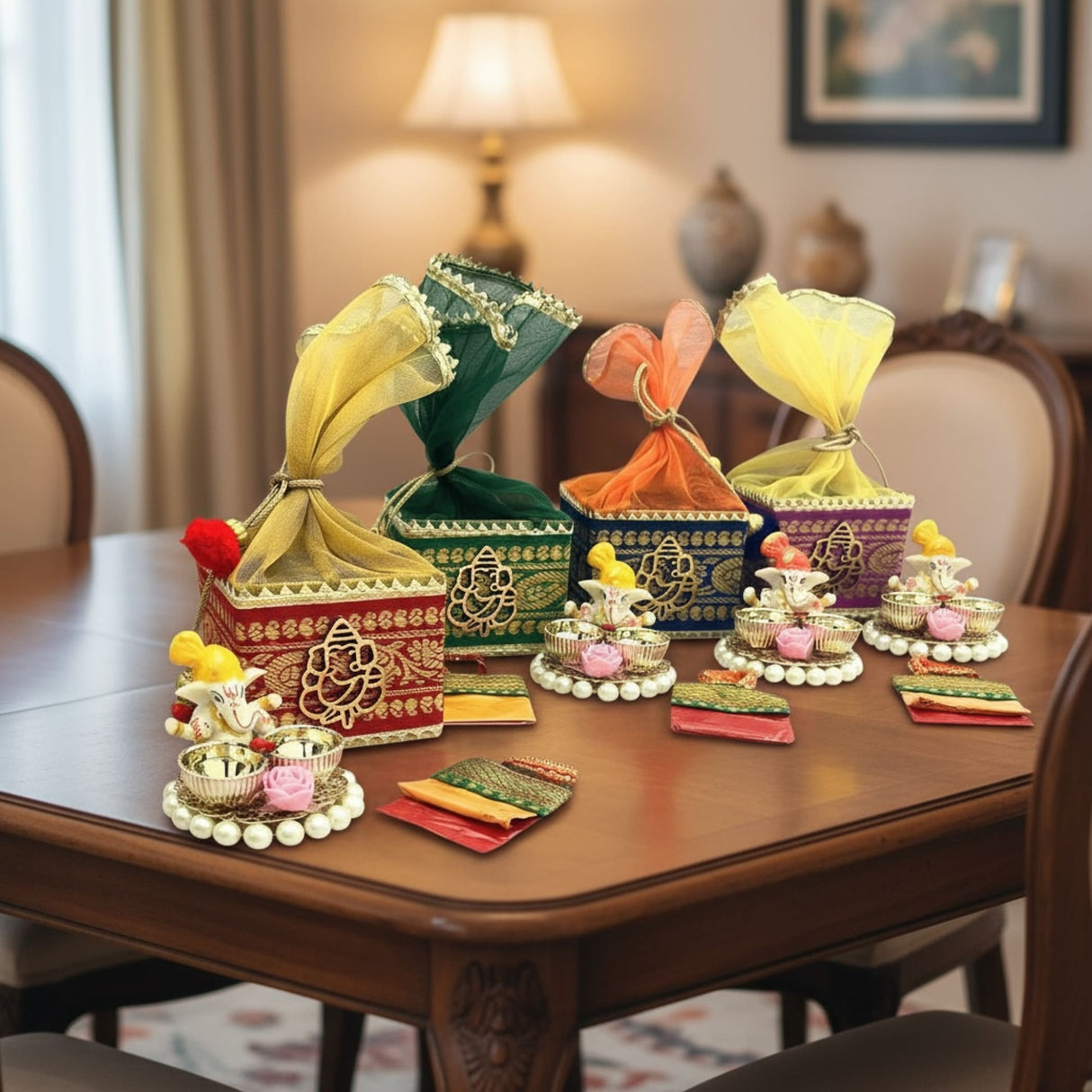 Colorful fabric pouches with intricate designs and beaded trim for Ganesha gift hampers