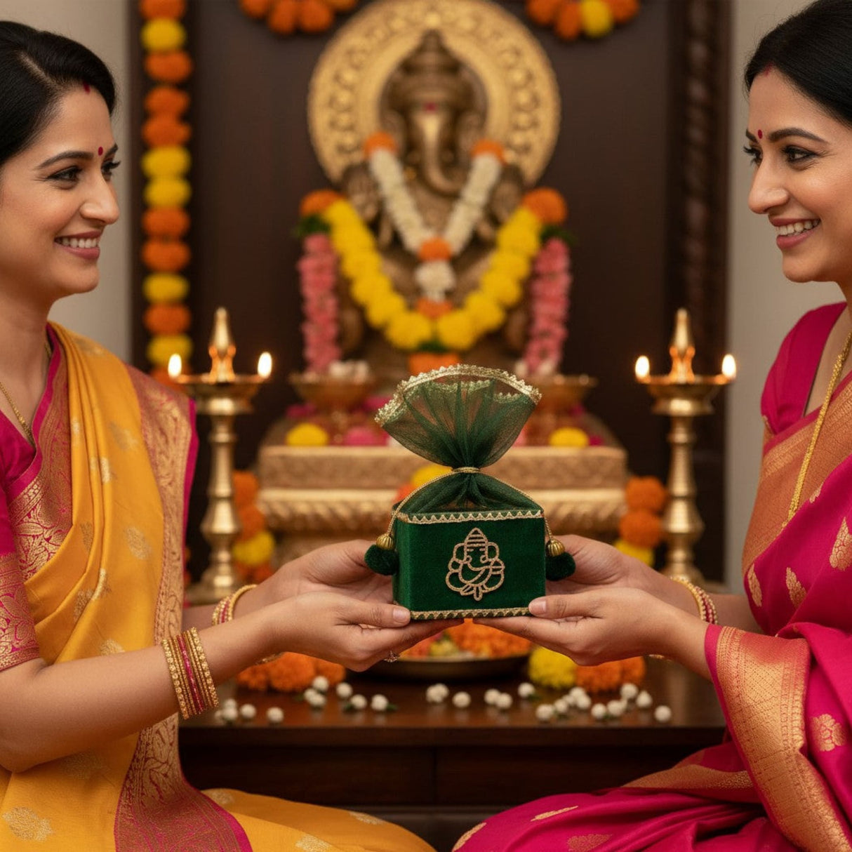 Green Ganesha gift hamper box with gold trim and puja items