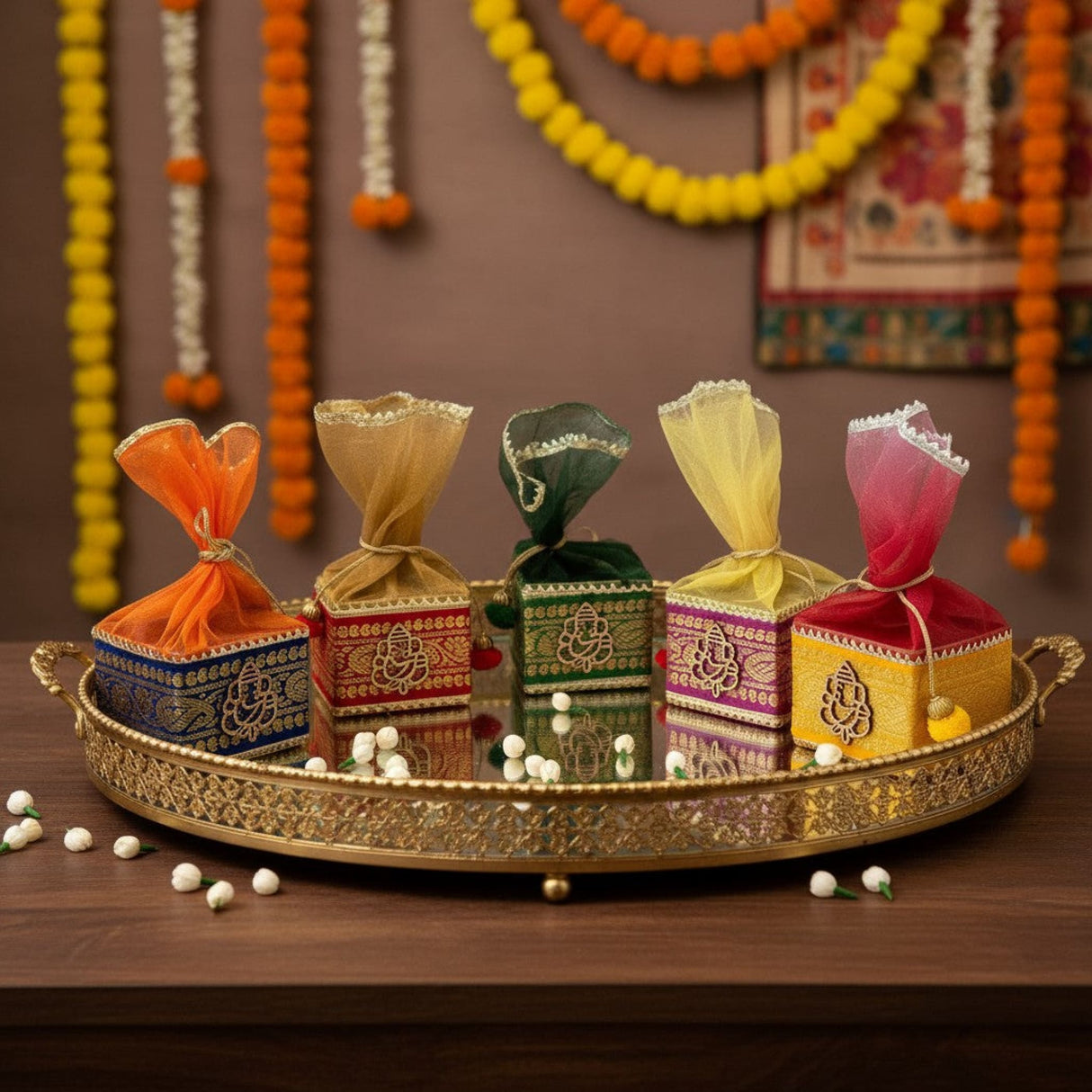 Golden Mirrored Tray with Colorful Fabric Boxes and Organza Bags in Ganesha Gift Hamper