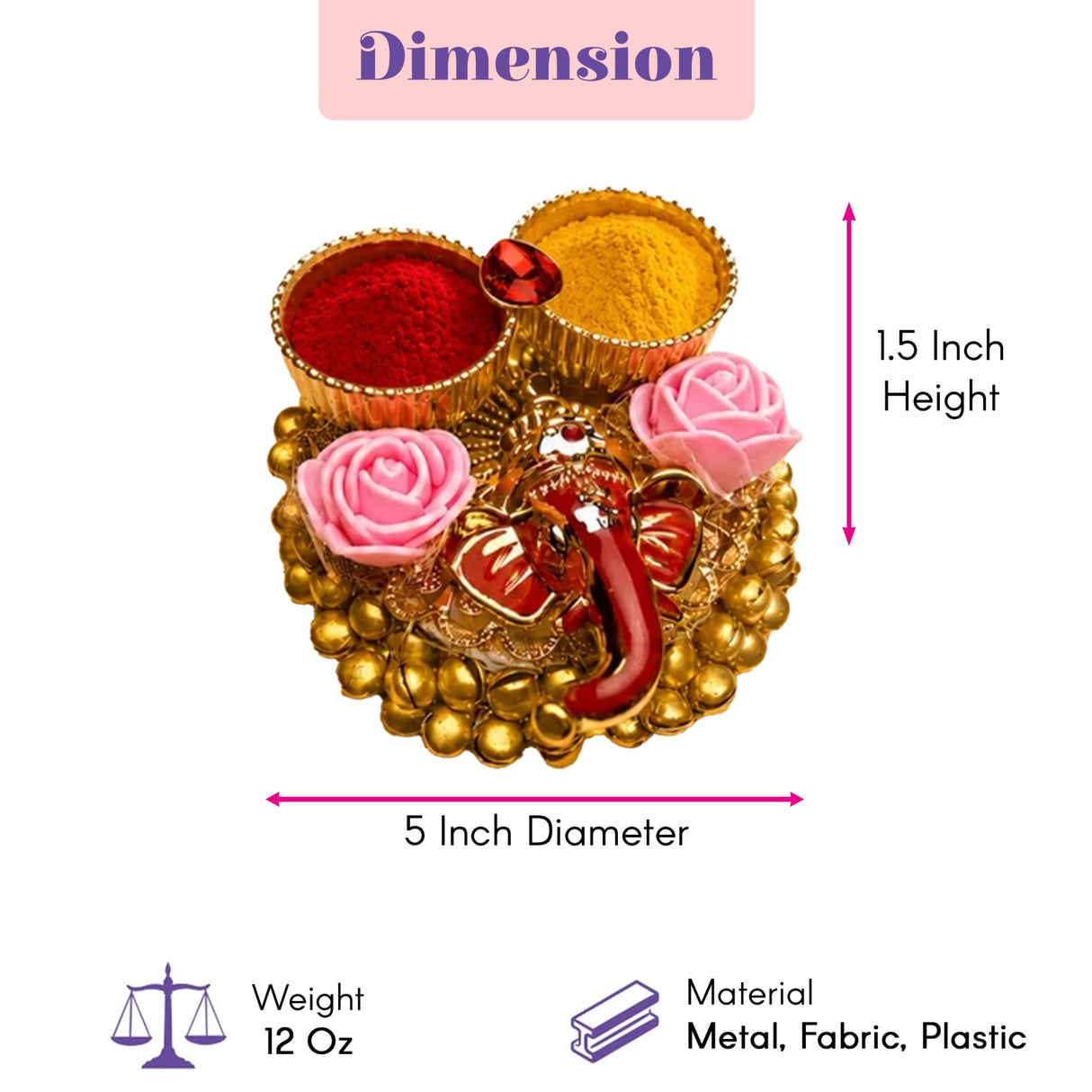 Golden metal haldi and roli tray with central ganesha figure pink rose accents and colorful powder bowls for puja gifts