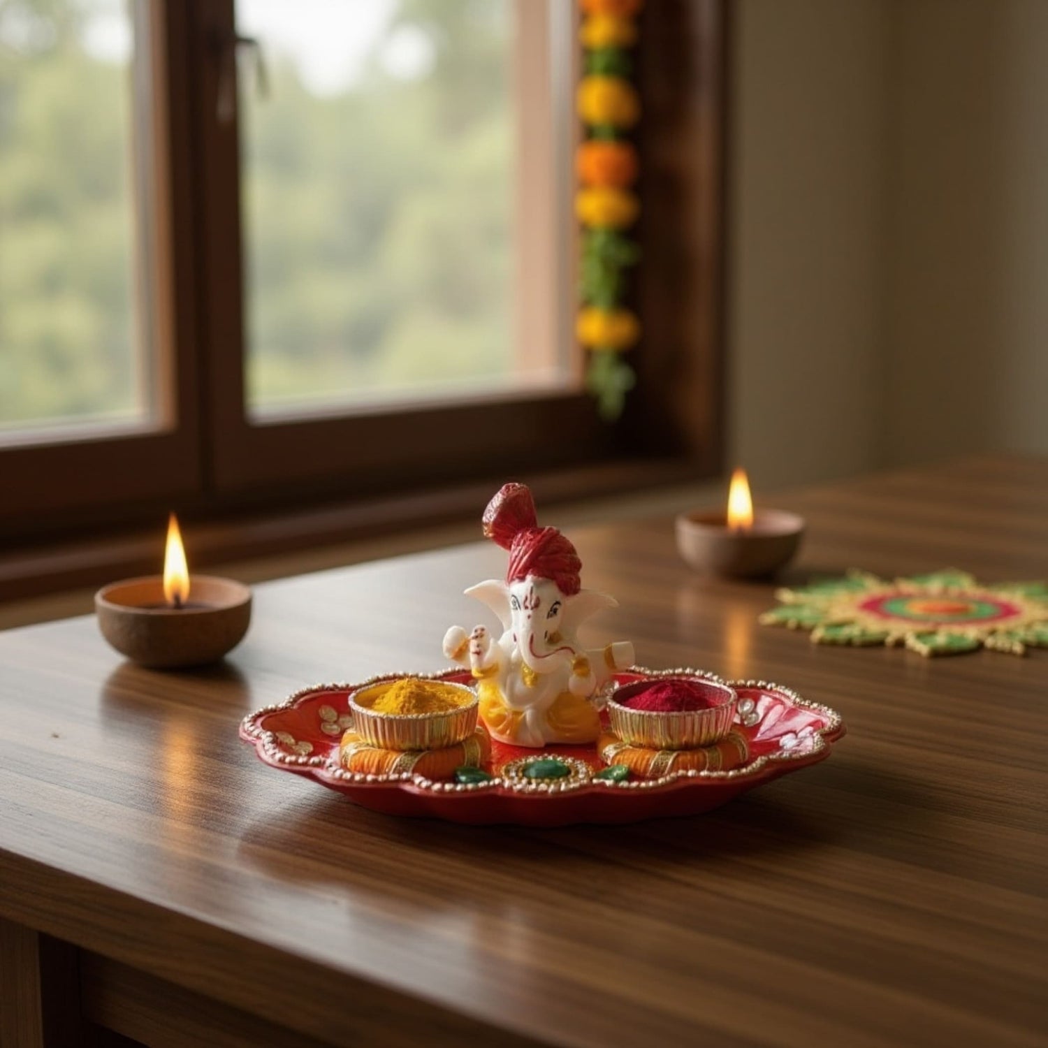 Red ceramic Ganesha tray with gold accents and floral patterns for Pooja and festive gifts
