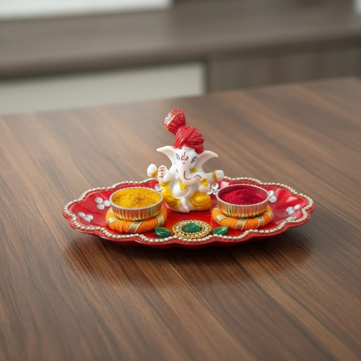 Red and gold Ganesha Haldi Kumkum Holder Thali with elephant figurine and decorative elements