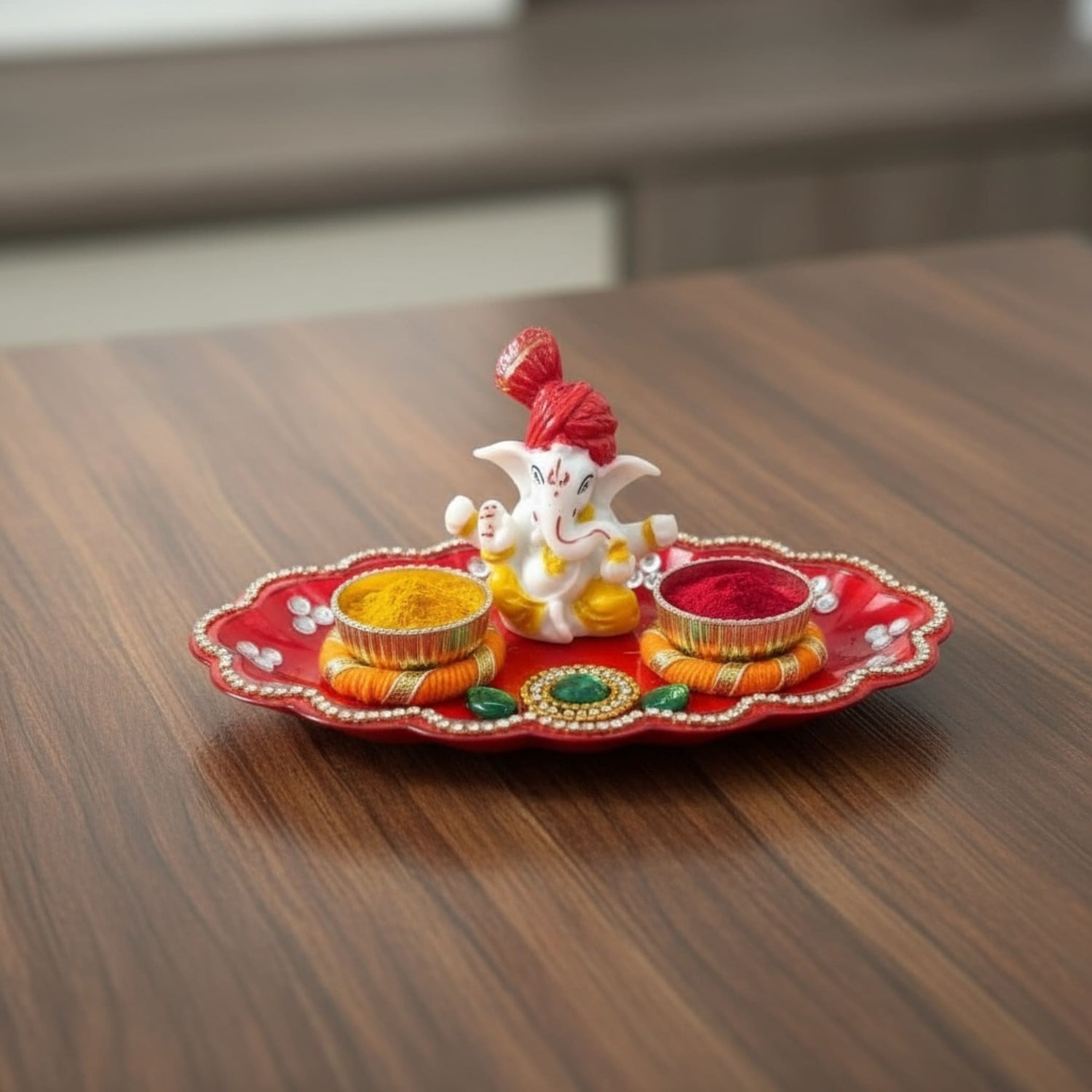Red and gold Ganesha Haldi Kumkum Holder Thali with elephant figurine and decorative elements