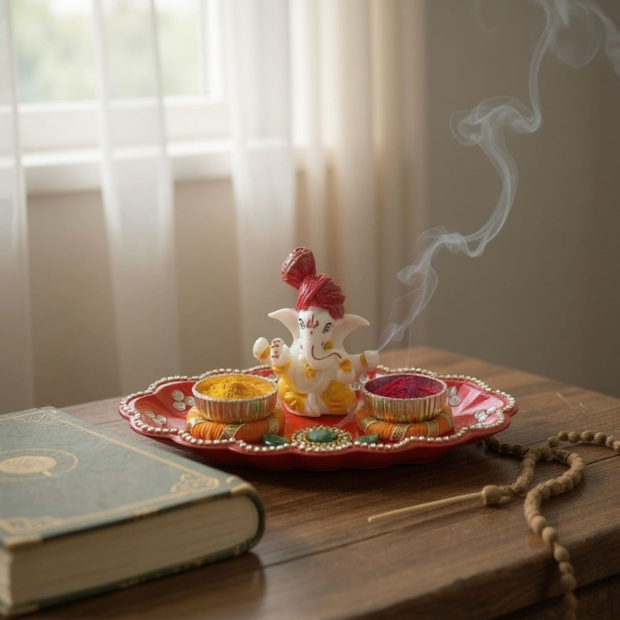 Red and gold Ganesha Haldi Kumkum Holder Thali with white elephant figurine and lit diya