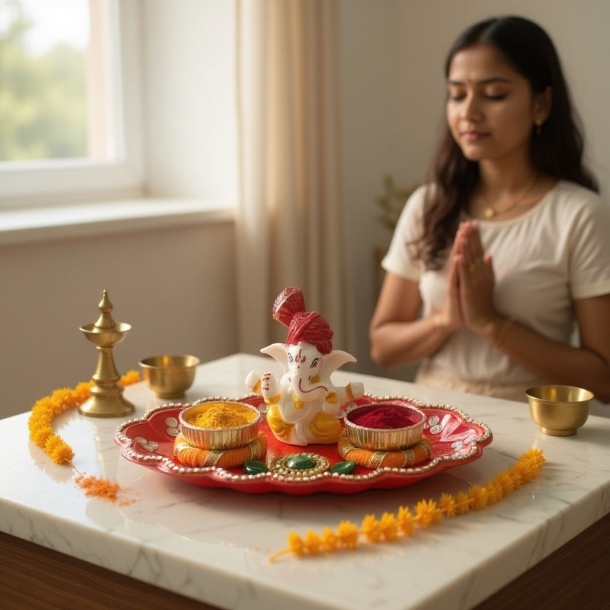 White ceramic Ganesha statue with red and green accents on a vibrant red Pooja Thali