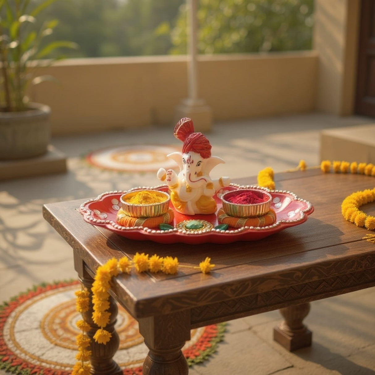 Red and gold decorative plate with elephant statue for Ganesha Haldi Kumkum Thali and pooja gifts