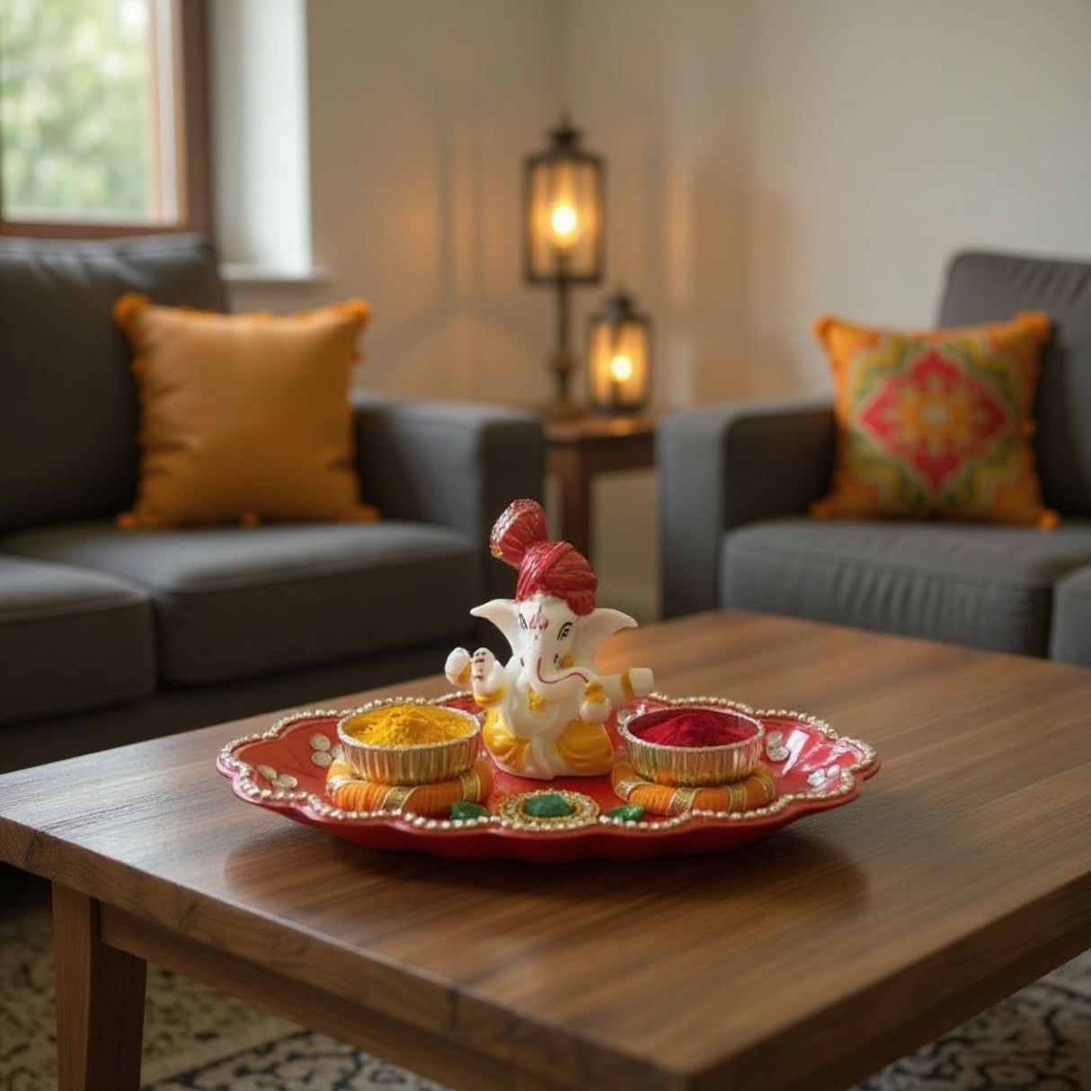 Red and gold Diwali tray with elephant statue candles and bowls for Ganesha puja