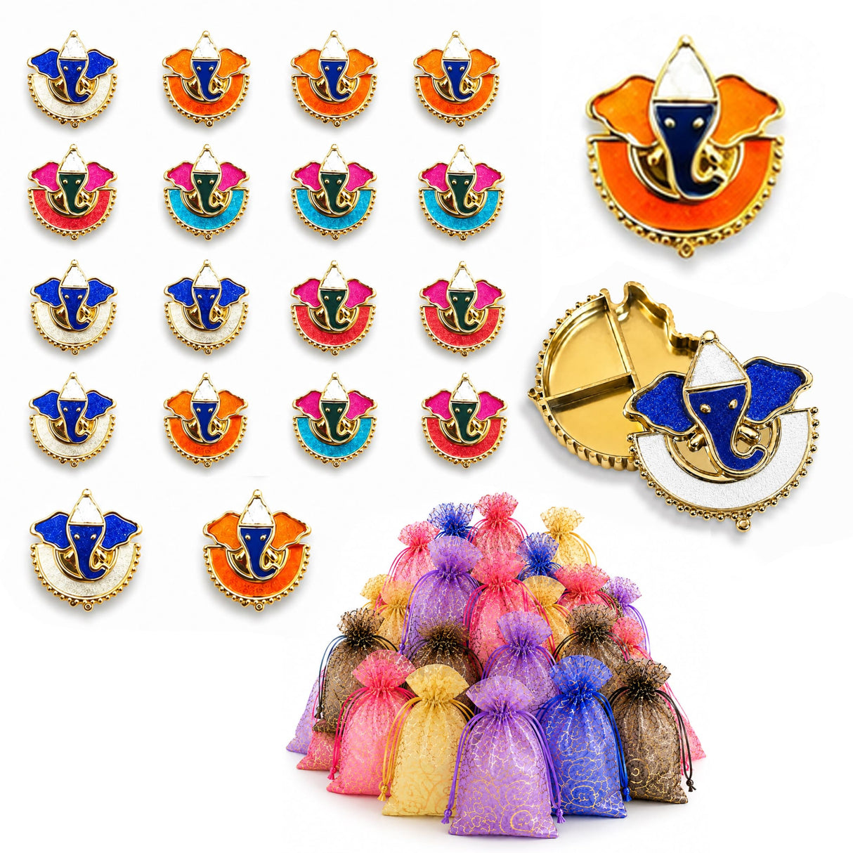 Colorful enamel ganesha-themed pin badges with gold-tone metal edges and vibrant blue orange pink and turquoise accents for pooja thali favors