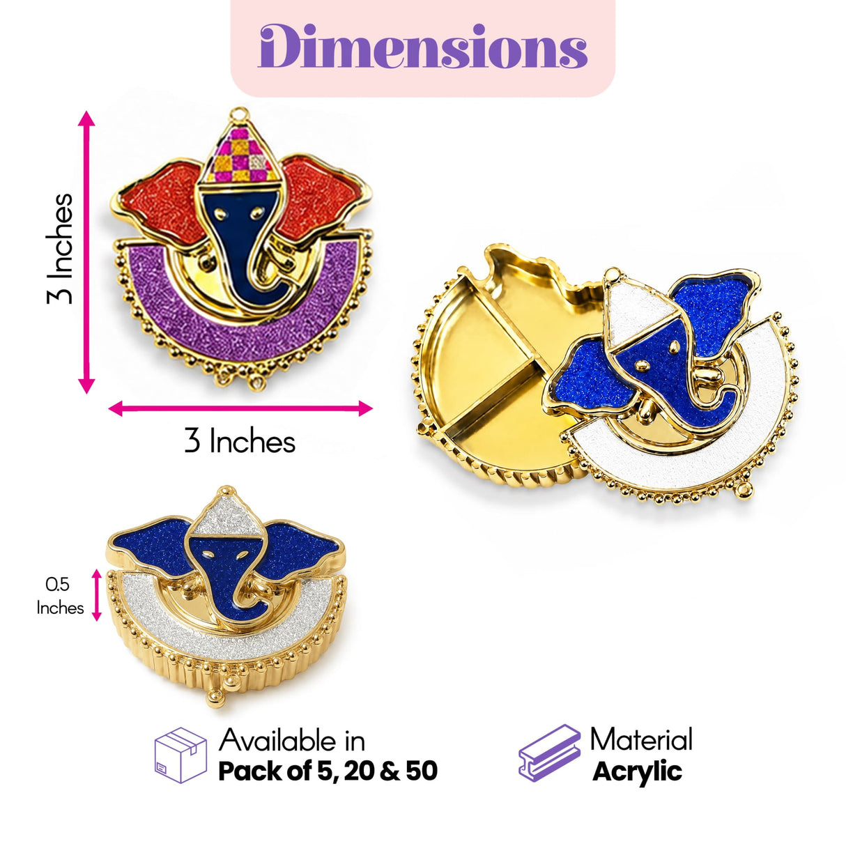 Colorful acrylic ganesha decorative haldi kumkum holder with gold-tone edges and glittery enamel for pooja thali and gifts